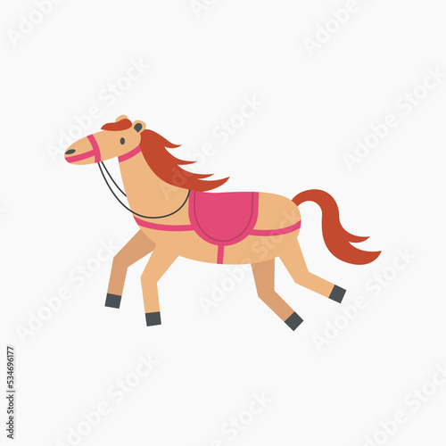 Horse in running pose. Cute pony in harness, saddle. Puffy character in motion for kids. Child ponytailed farm animal . Horseback riding, hippodrome racing, equestrian sport.