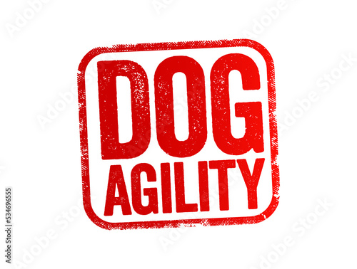Dog Agility is a dog sport in which a handler directs a dog through an obstacle course in a race for both time and accuracy, text stamp concept background