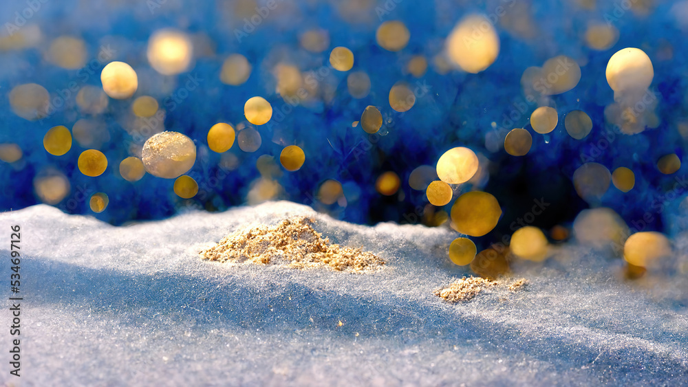 Blauer Hintergrund mit abstrakten goldenen und silbernen Glitzerlichtern. Schnee im Vordergrund