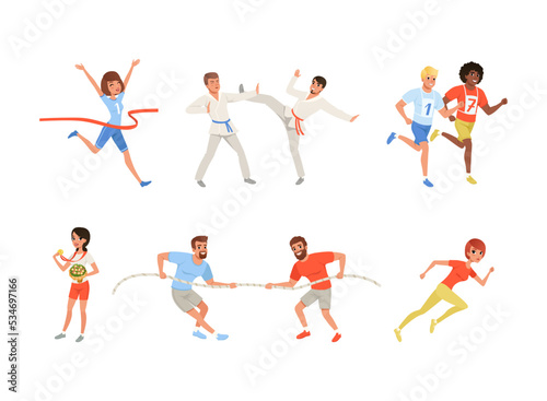 Collection of men and women doing sports. Happy people training  exercising and taking part in sports competition vector illustration