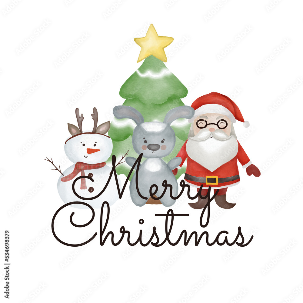 Santa Claus with snowman and rabbit , Watercolor illustration, in cartoon style on an isolated background, for celebrating Christmas 