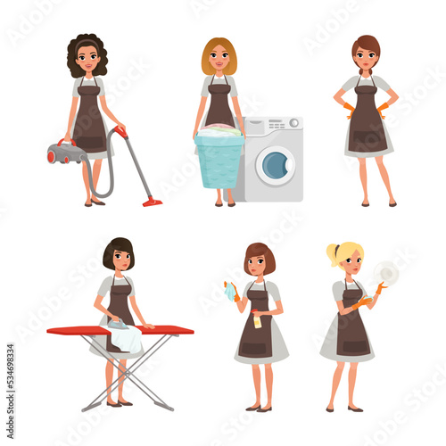Maid in uniform with cleaning supplies set. Cleaning service of hotels and houses vector illustration