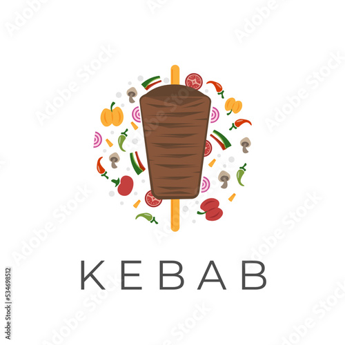 Grilled kebab meat vector illustration logo with fresh vegetables