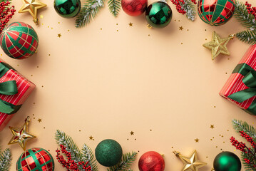Above high angle overhead view photo of Christmas background red giftboxes with green ribbon tree decoration fir branches with mistletoe and shiny stars on pastel beige backdrop with empty space