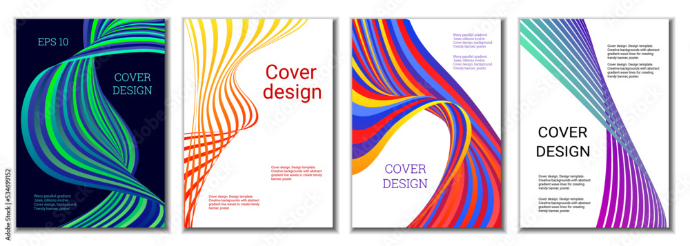A set of 4 abstract covers. Wavy parallel gradient lines, ribbons evolve. Cover design, background. Trendy banner, poster. A set of 4 abstract covers. Wavy parallel gradient lines, ribbons evolve. Cover design, background. Trendy banner, poster.
