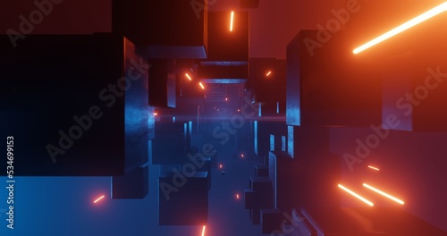 Abstract background using a fantasy environment theme with black metallic textured cube objects and red neon lights on the right, 3d rendering, and 4K size