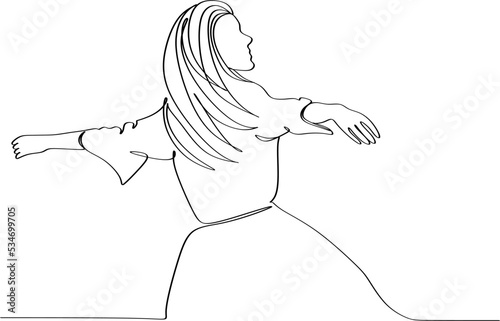 Continuous line art or One Line Drawing of a woman stretching arms is relaxing picture vector illustration