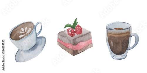Watercolor border of mugs and cakes.