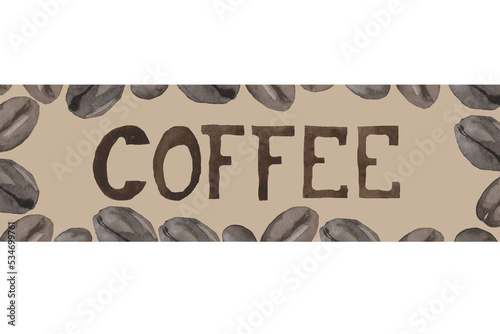 Watercolor illustration of coffee beans on a brown background.