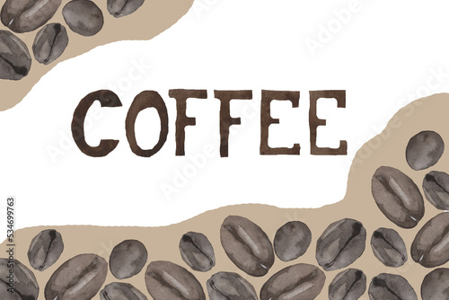 Watercolor illustration of coffee beans on a brown background.