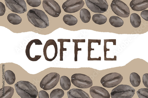 Watercolor illustration of coffee beans on a brown background.