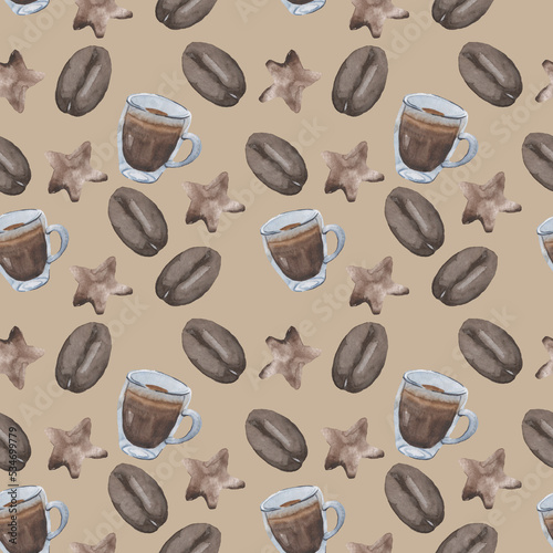 Watercolor pattern of coffee beans, cookies and mugs on a brown background.