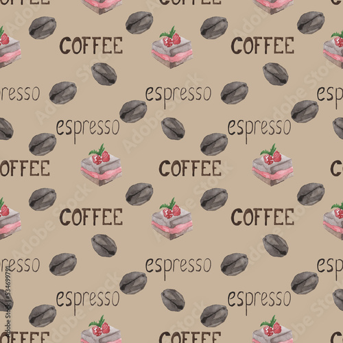 Watercolor pattern of coffee beans and cake on a brown background.