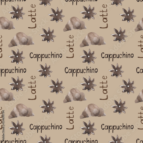 Watercolor pattern of croissants and carnations on a brown background.