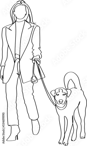 Girl and Dog Trendy Line Art Drawing. Couple Walking Minimalistic Black Lines Drawing on White Background. Continuous One Line Abstract Drawing. Modern Scandinavian Design. 