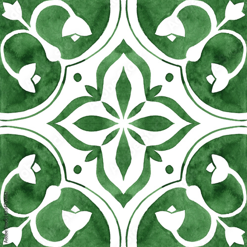 Gorgeous seamless patchwork pattern from dark green and white Moroccan, Portuguese tiles, Azulejo, Arabic ornament.