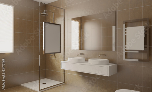 Scandinavian bathroom  classic  vintage interior design. 3D rendering.. Mockup.   Empty paintings