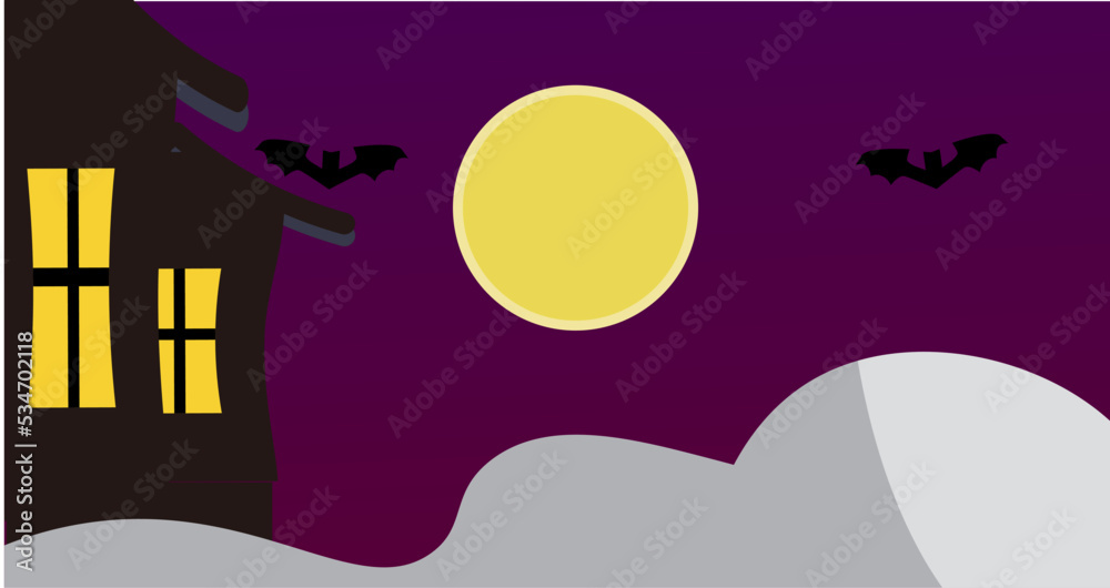 ハロウィンの夜の風景。夜空、月、空、コウモリ、屋敷。ハロウィーン。ベクター背景素材