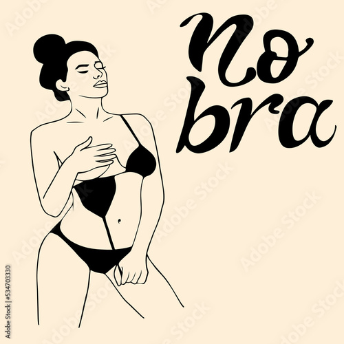 girl with bundle on her head stands in swimsuit and takes it off, stops wearing bra. handwritten inscription is No bara, in black.  October 13 - international braless. Prevention of breast cancer.