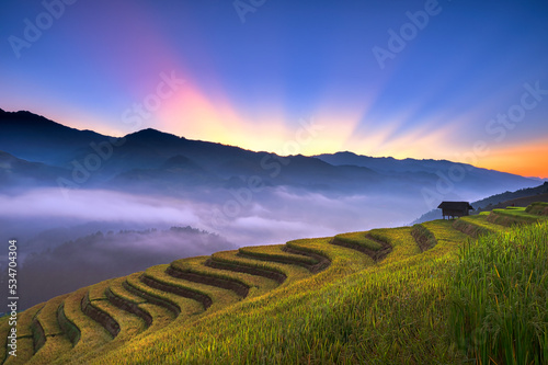 Beautiful scenery of rice terrace fields at Mu Cang Chai in northern Vietnam with mist during sunrise time. Sun is shining behind mountains. Vietnam landscapes.