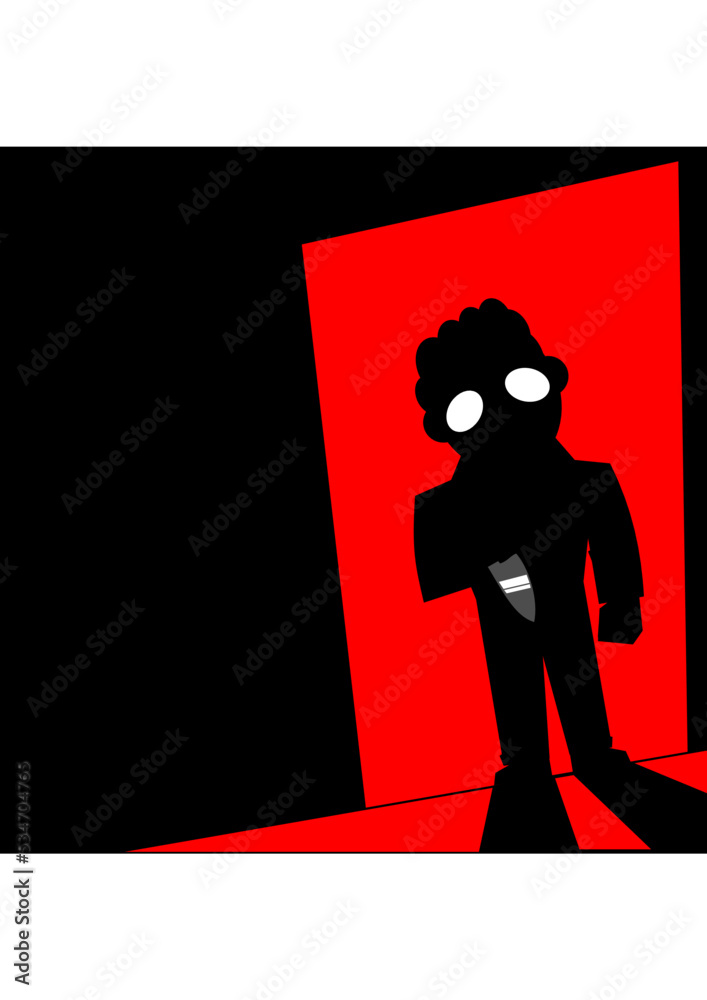 Illustration of a Man Standing Behind the Door Holding a Knife. Vector Silhouette of a Person. Scary Cartoon Character in Black and Red Color. Illustration of a Man Standing Behind the Door Holding a Knife. Vector Silhouette of a Person. Scary Cartoon Character in Black and Red Color.