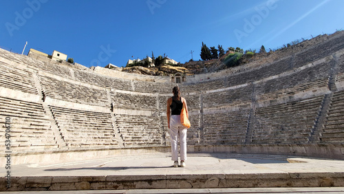 A panoramic view inside the Roman Amphitheatre in Amman, Jordan