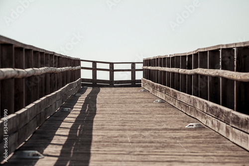 View on wooden elevated boardwalk for pedestrians.
