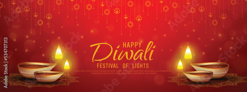 Happy Diwali - festival of lights colorful banner template design with decorative diya lamp. vector illustration.