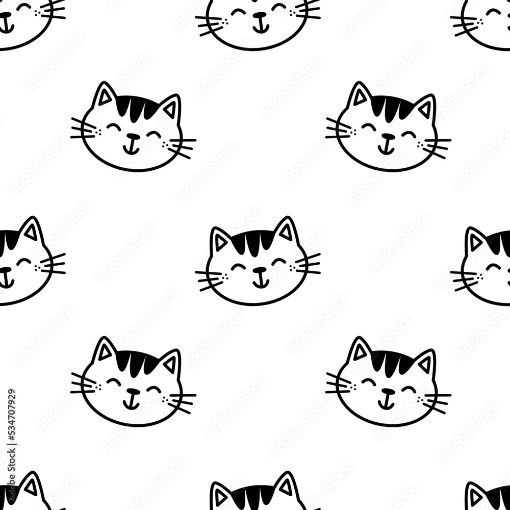 Fototapeta premium Trendy cartoon seamless pattern with cute doodle cat faces on transparent background. Funny vector illustration for kids textile, paper, gift, web and graphic design. Childish style.