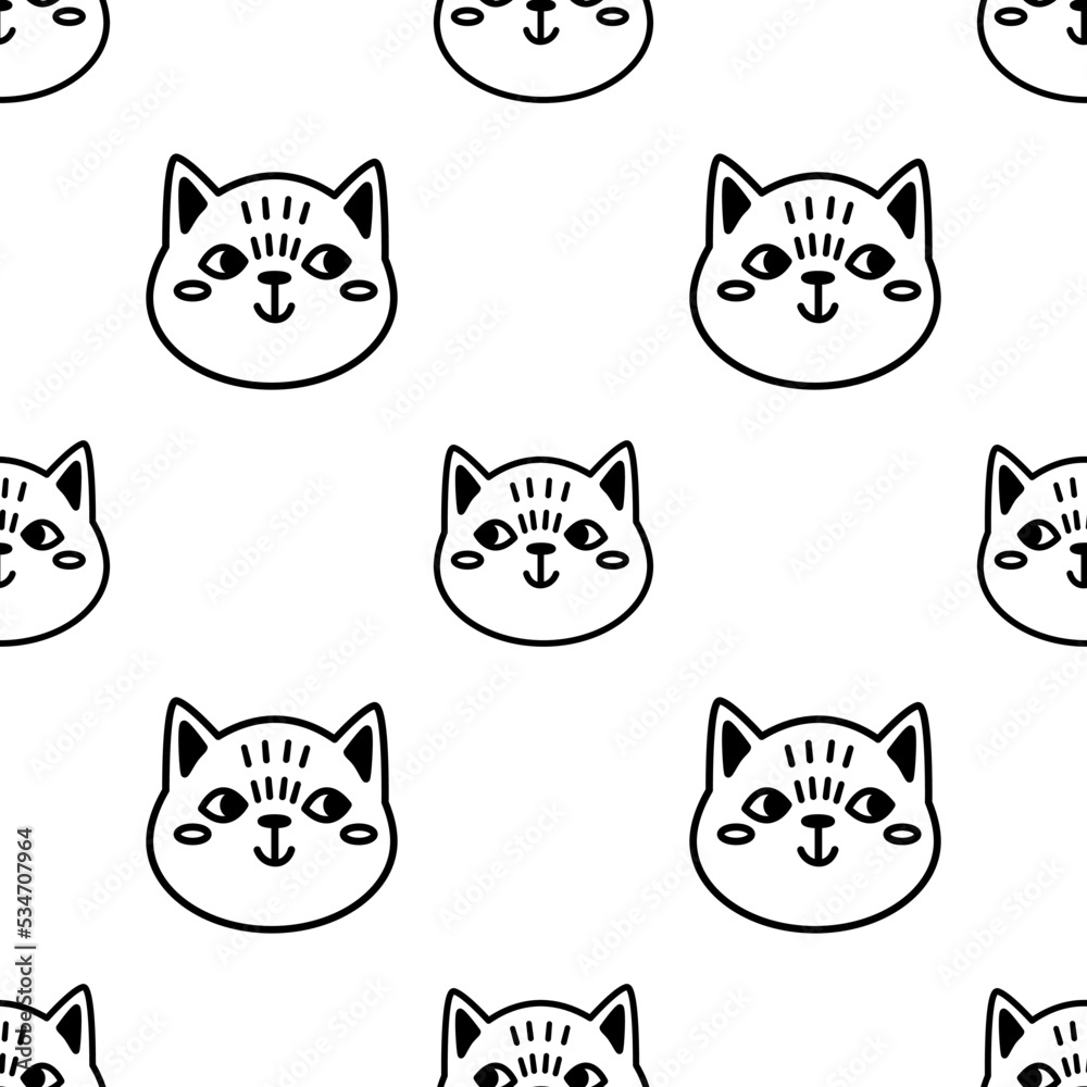 Trendy cartoon seamless pattern with cute doodle cat faces on transparent background. Funny vector illustration for kids textile, paper, gift, web and graphic design. Childish style.