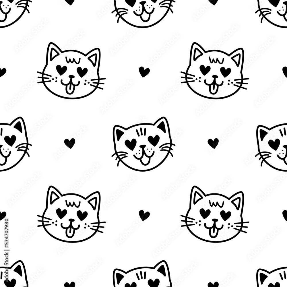 Trendy cartoon seamless pattern with cute doodle cat faces on transparent background. Funny vector illustration for kids textile, paper, gift, web and graphic design. Childish style.