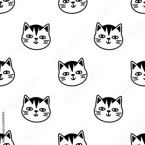 Trendy cartoon seamless pattern with cute doodle cat faces on transparent background. Funny vector illustration for kids textile  paper  gift  web and graphic design. Childish style.