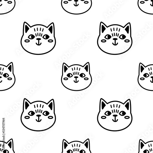 Trendy cartoon seamless pattern with cute doodle cat faces on transparent background. Funny vector illustration for kids textile  paper  gift  web and graphic design. Childish style.