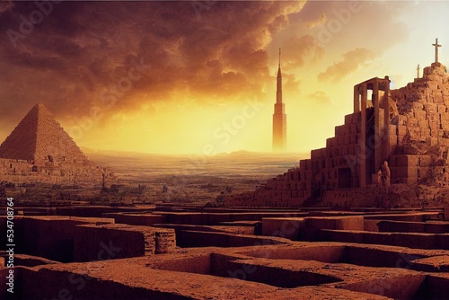 Foto Ancient city of Babylon with the tower of Babel, bible and religion, new testame