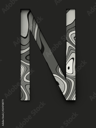 Letter N with abstract texture in grayscale, cut from black background and rotated diagonally, 3d rendering