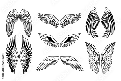 Wings vector doodle set on white backround. Fly design vector illustration