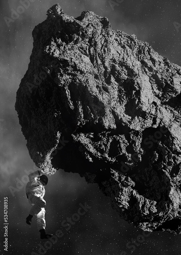 Astronaut exploring asteroid - 3D render