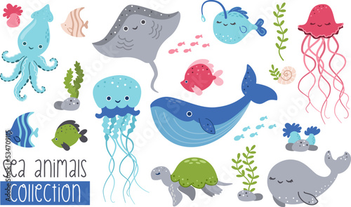 Vector collection of marine animals. Octopus seaweed stingray jellyfish deep sea oyster rocks shells. 