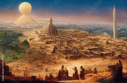 Foto Ancient city of Babylon with the tower of Babel, bible and religion, new testame