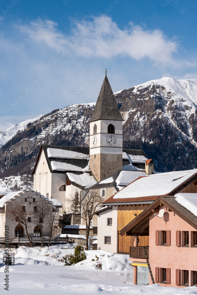 Tarasp village in the Scuol region, in Engadin, Switzerland. Winter season.