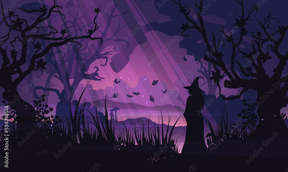 Enchanted garden in violet, purple colours, night magic forest with glowing fireflies and butterflies, silhouette of wizard, witch.