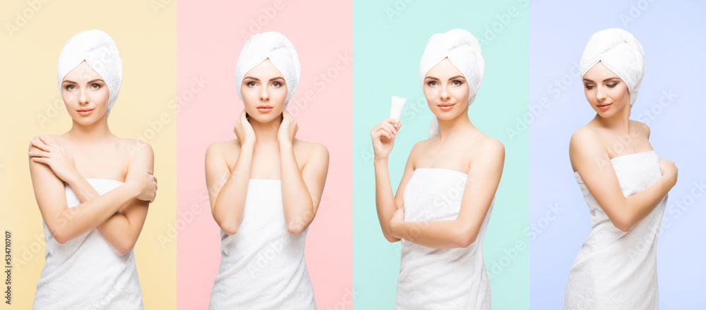 Young, beautiful and natural woman wrapped in towel. Set collection. Young, beautiful and natural woman wrapped in towel. Set collection.