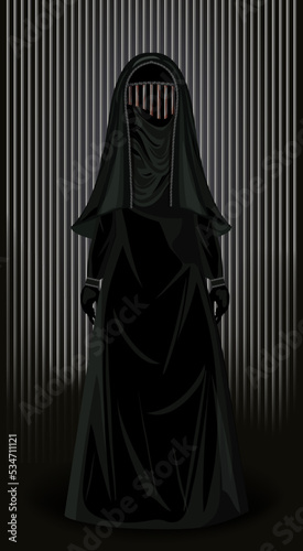 Burka is like a prison. Muslim woman in burqa metal prison bars, banner vector illustration