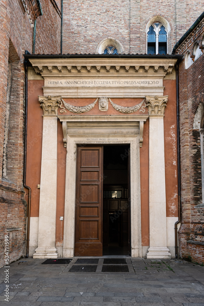 Corinthian Portal of the Almerico Chapel of the Vicenza Cathedral, designed by renaissance architect Andrea Palladio, also called Portale Settentrionale di Duomo di Vicenza