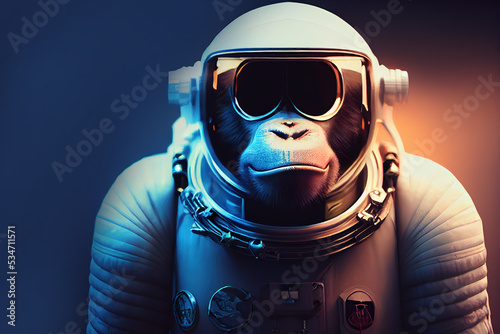 3D render. A monkey in a futuristic suit uses a VR helmet. Futuristic space portal hero