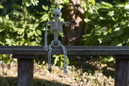 a skeleton sitting on a bench. Celebrating Halloween