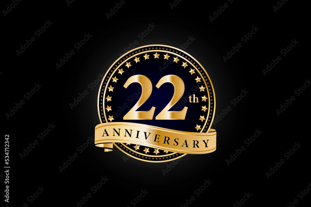 22th anniversary golden gold logo with gold ring and ribbon isolated on black background, vector design for celebration.