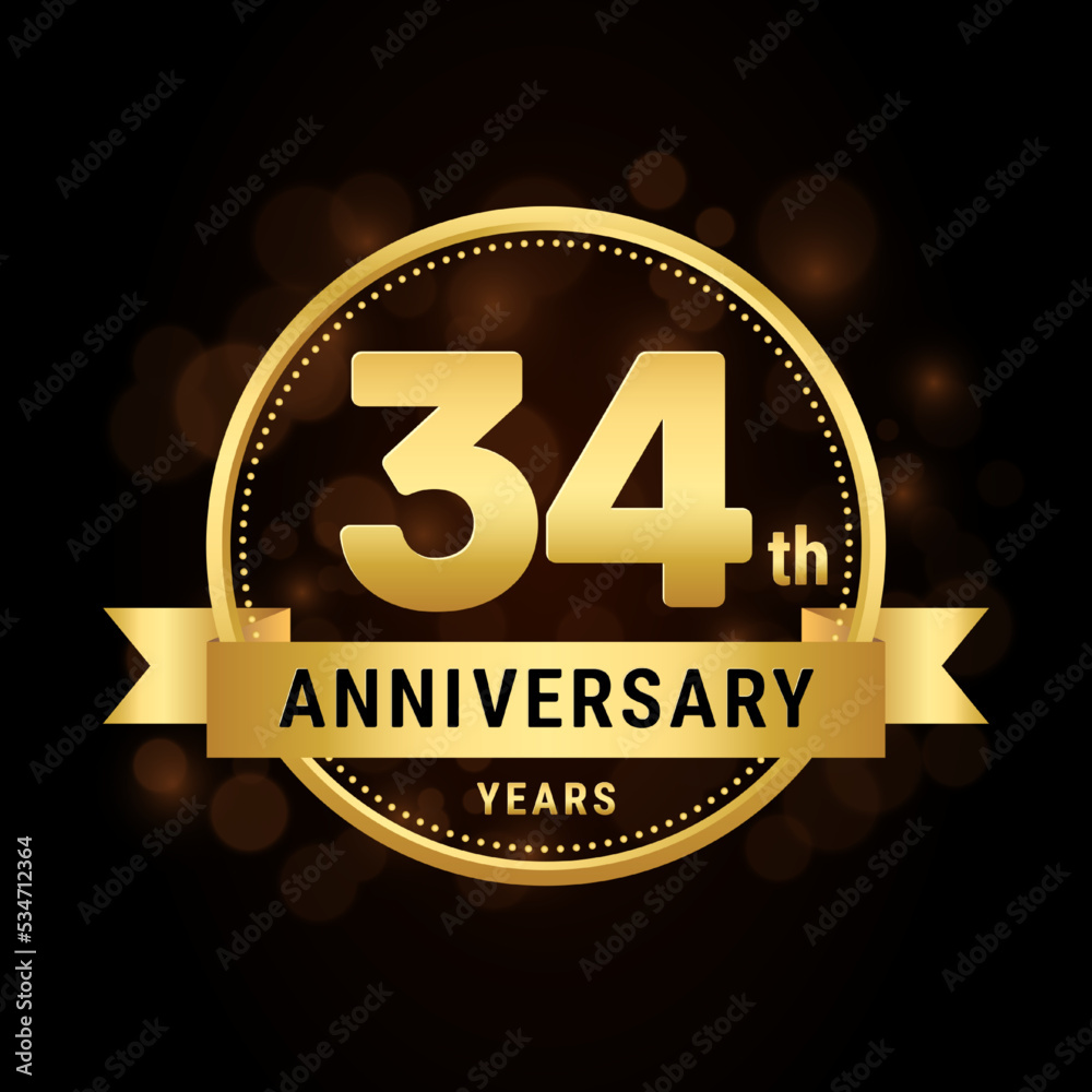 34th anniversary, anniversary celebration template design with gold ribbon. Logo vector illustration 34th anniversary, anniversary celebration template design with gold ribbon. Logo vector illustration