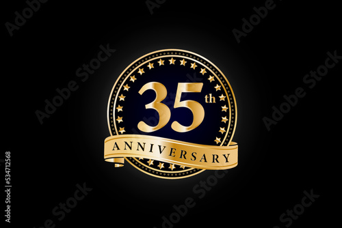 35th anniversary golden gold logo with gold ring and ribbon isolated on black background, vector design for celebration.