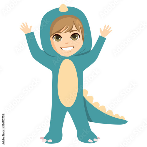 Simple illustration with a boy in a dinosaur costume on Halloween party. Child wearing dino disguise isolated on white background